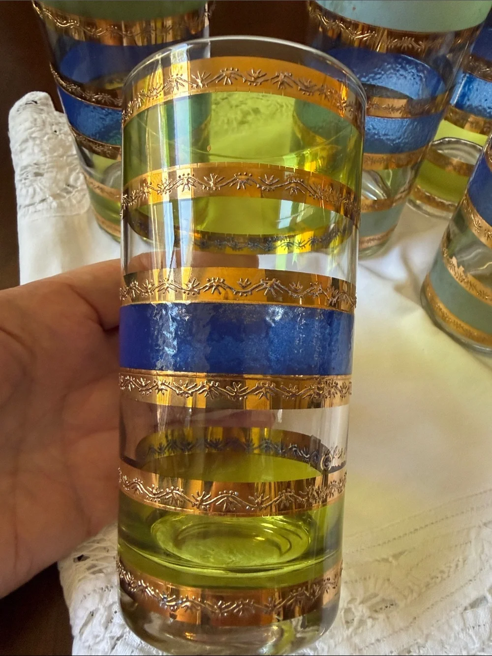 Mid Century Culver Rondo Highball set of 7 glasses band of blue green 22k gold